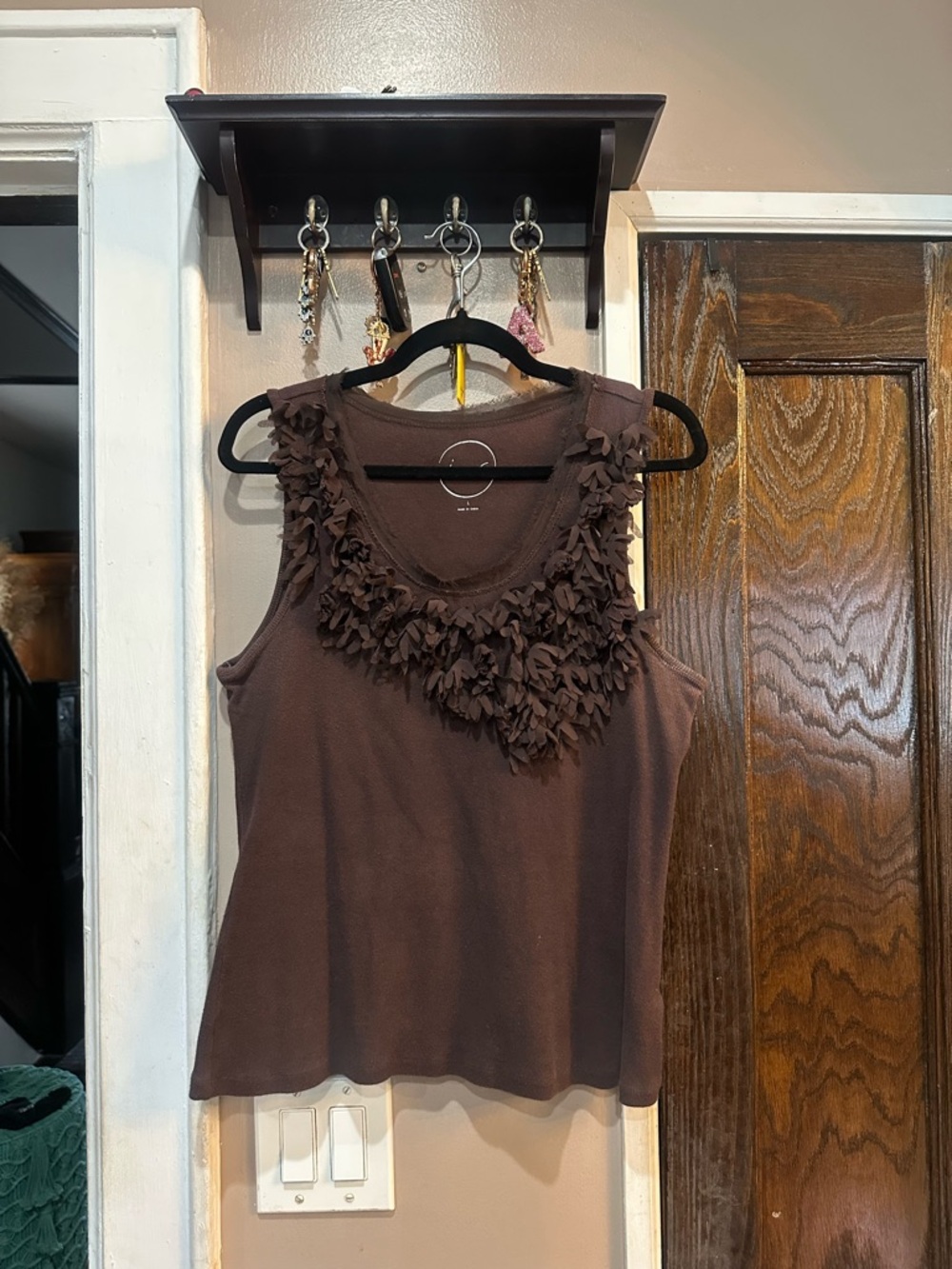 INC International Concepts Chocolate Brown Floral Applique Tank Top